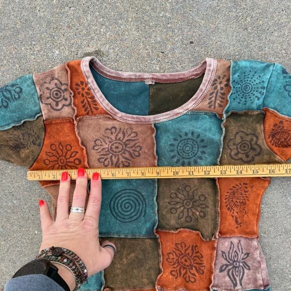 Y2K Boho Hippie Nepal Block print rib patch-work t-shirt LARGE - Picture 5 of 6